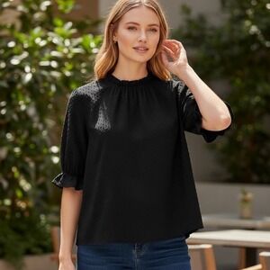 Madewell Clipdot Mock Neck Ruffle Top Black Classic Blouse‎ Short Sleeve Size XS